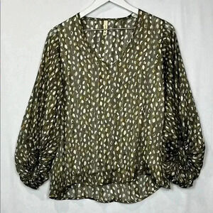 Tyche Womens Blouse S Beige Olive Green Metallic 3/4 Balloon Sleeves Vneck EUC